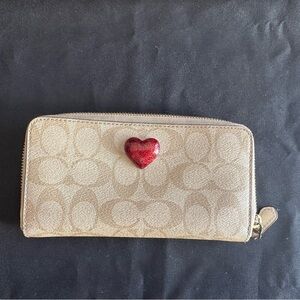 Coach Signature C Tan Wallet with Red Heart Accent